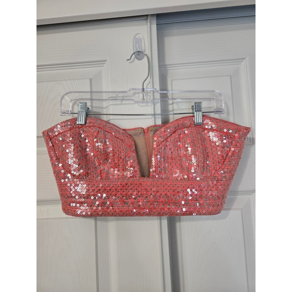 Michael Costello Revolve XL Coral Pink Sequin Bustier Crop Top Strapless Party